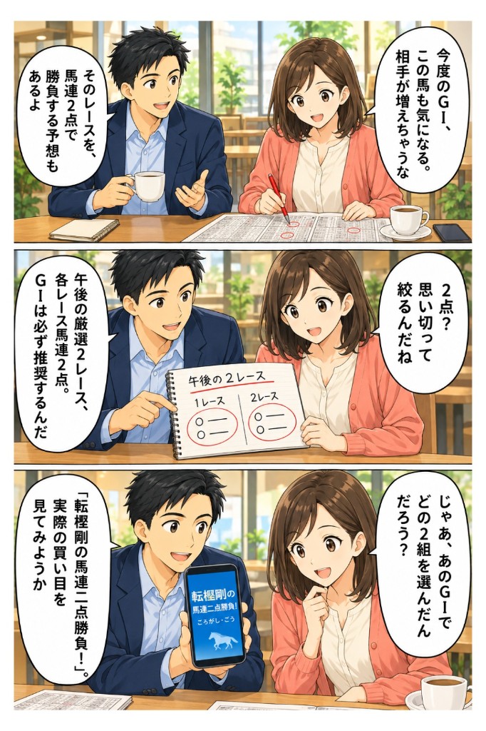 今度のGⅠで馬が増える会話と、午後の厳選2レースを馬連2点で見る漫画